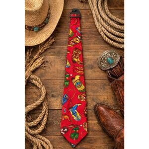 Rooster Western Cowboy Tie Red Rodeo Print Boots Hats Necktie Vintage